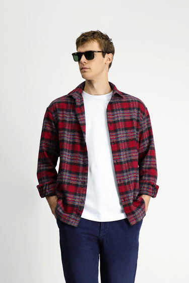 Bayrak Kırmızı Uzun Kol Oversize Ekstra Rahat Kesim Ekose Pamuk Shacket Oduncu Gömlek