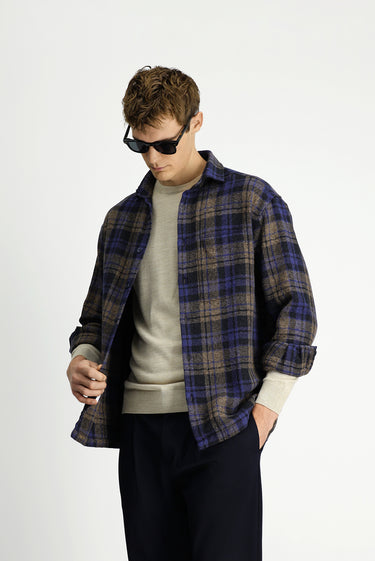 Kobalt Mavi Uzun Kol Oversize Ekstra Rahat Kesim Ekose Pamuk Cepli Shacket Oduncu Gömlek