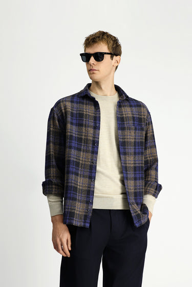 Kobalt Mavi Uzun Kol Oversize Ekstra Rahat Kesim Ekose Pamuk Cepli Shacket Oduncu Gömlek