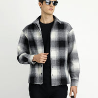 Siyah Uzun Kol Oversize Ekstra Rahat Kesim Spor Ekose Shacket Oduncu Pamuklu Gömlek / Mont