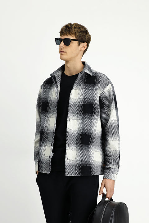 Siyah Uzun Kol Oversize Ekstra Rahat Kesim Spor Ekose Shacket Oduncu Pamuklu Gömlek / Mont