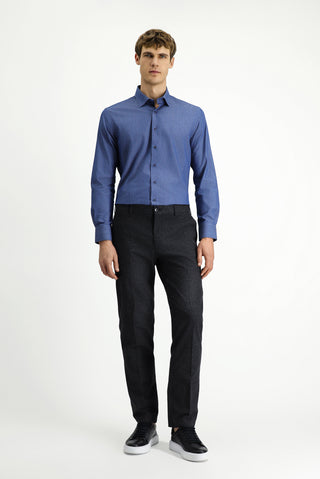İndigo Uzun Kol Slim Fit Dar Kesim Spor Desenli Pamuk Denim Gömlek