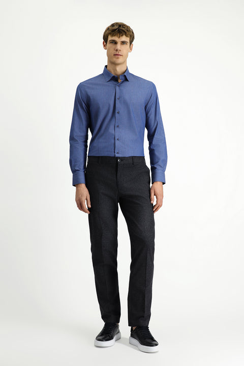 Indigo Long Sleeve Slim Fit Narrow Cut Sporty Patterned Cotton Denim Shirt