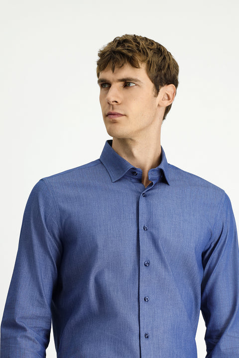 Indigo Long Sleeve Slim Fit Narrow Cut Sporty Patterned Cotton Denim Shirt