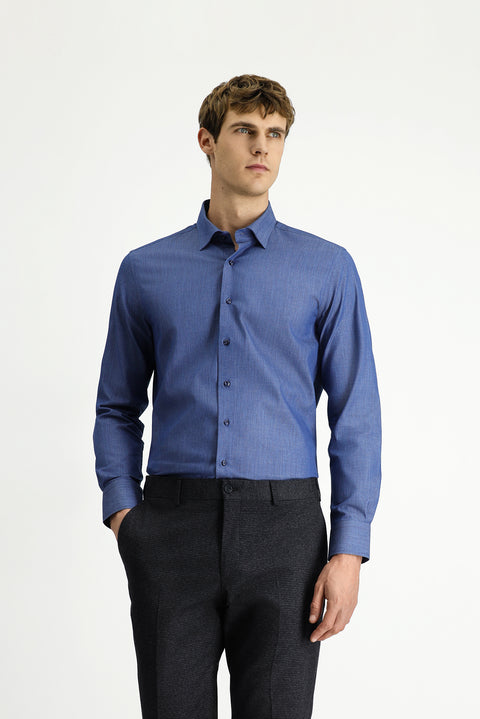 Indigo Long Sleeve Slim Fit Narrow Cut Sporty Patterned Cotton Denim Shirt