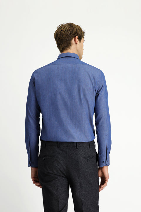 Indigo Long Sleeve Slim Fit Narrow Cut Sporty Patterned Cotton Denim Shirt