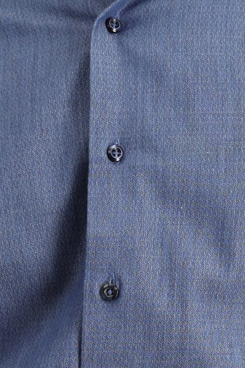 Indigo Long Sleeve Slim Fit Narrow Cut Sporty Patterned Cotton Denim Shirt