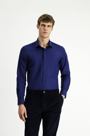 Koyu Lacivert Uzun Kol Slim Fit Dar Kesim Spor Desenli Pamuk Denim Gömlek