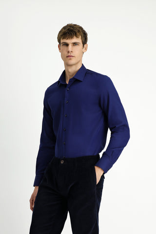 Koyu Lacivert Uzun Kol Slim Fit Dar Kesim Spor Desenli Pamuk Denim Gömlek