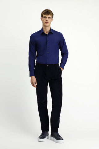 Koyu Lacivert Uzun Kol Slim Fit Dar Kesim Spor Desenli Pamuk Denim Gömlek
