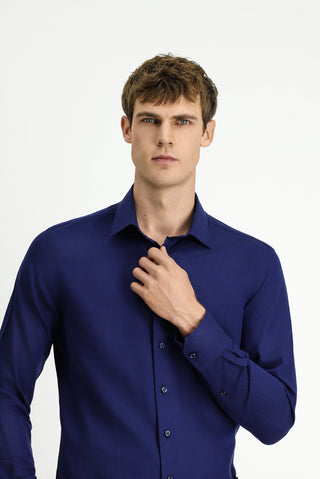 Koyu Lacivert Uzun Kol Slim Fit Dar Kesim Spor Desenli Pamuk Denim Gömlek