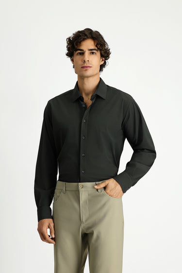 Koyu Haki Techno-Line Uzun Kol Klasik Likralı Gömlek