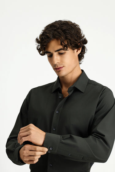 Koyu Haki Techno-Line Uzun Kol Klasik Likralı Gömlek