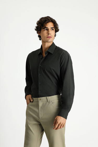 Koyu Haki Techno-Line Uzun Kol Klasik Likralı Gömlek