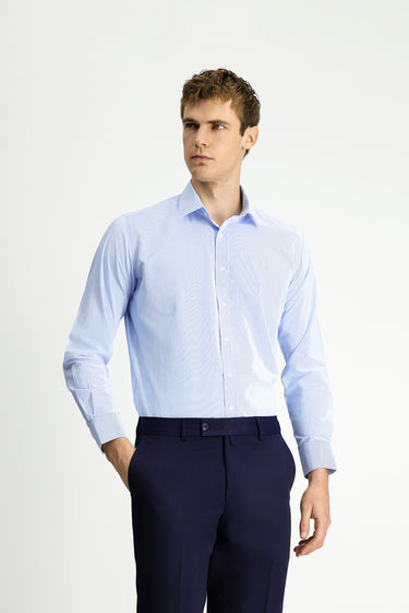 Açık Mavi Uzun Kol Klasik Çizgili Pamuklu Kolay Ütülenebilir Gömlek