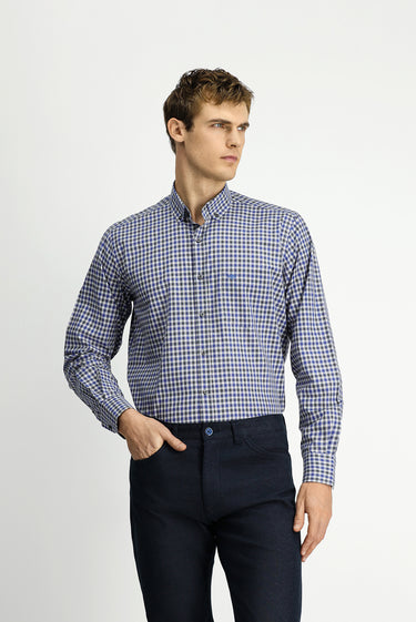 Koyu Mavi  Uzun Kol Regular Fit Ekose Düğmeli Yaka Cepli Pamuk Gömlek