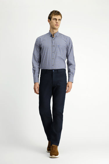 Koyu Mavi  Uzun Kol Regular Fit Ekose Düğmeli Yaka Cepli Pamuk Gömlek