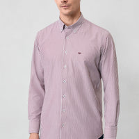 Brick Red Long Sleeve Regular Fit Striped Button-Down Collar Cotton Easy-Iron Shirt
