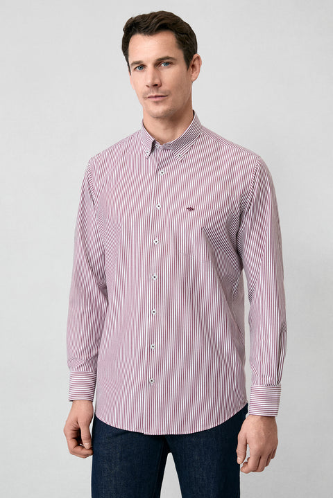 Brick Red Long Sleeve Regular Fit Striped Button-Down Collar Cotton Easy-Iron Shirt