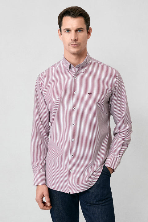 Brick Red Long Sleeve Regular Fit Striped Button-Down Collar Cotton Easy-Iron Shirt