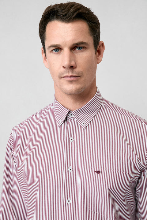 Brick Red Long Sleeve Regular Fit Striped Button-Down Collar Cotton Easy-Iron Shirt