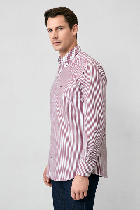 Brick Red Long Sleeve Regular Fit Striped Button-Down Collar Cotton Easy-Iron Shirt