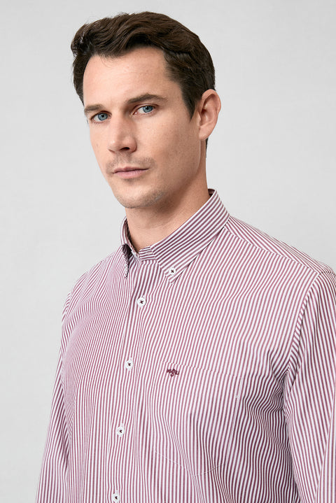 Brick Red Long Sleeve Regular Fit Striped Button-Down Collar Cotton Easy-Iron Shirt