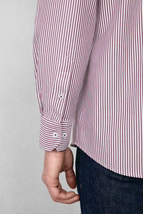 Brick Red Long Sleeve Regular Fit Striped Button-Down Collar Cotton Easy-Iron Shirt