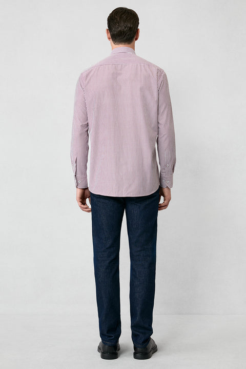 Brick Red Long Sleeve Regular Fit Striped Button-Down Collar Cotton Easy-Iron Shirt