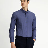 Orta Lacivert Uzun Kol Slim Fit Dar Kesim Pamuklu Gömlek