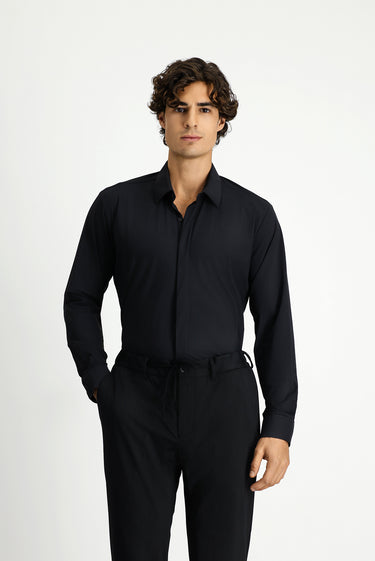 Siyah Techno-Line Uzun Kol Slim Fit Dar Kesim Klasik Likralı Gömlek