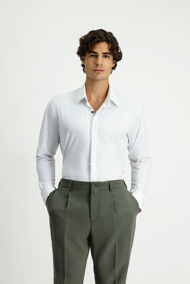 Beyaz Techno-Line Uzun Kol Slim Fit Dar Kesim Klasik Likralı Gömlek