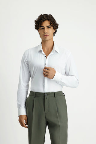 Beyaz Techno-Line Uzun Kol Slim Fit Dar Kesim Klasik Likralı Gömlek