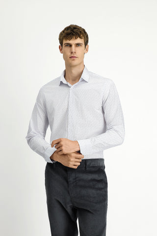 Koyu Lacivert Uzun Kol Slim Fit Dar Kesim Klasik Çizgili Pamuk Gömlek