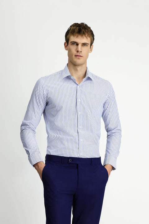 Blue Long Sleeve Classic Slim Fit Narrow Cut Cotton Easy Iron Striped Shirt