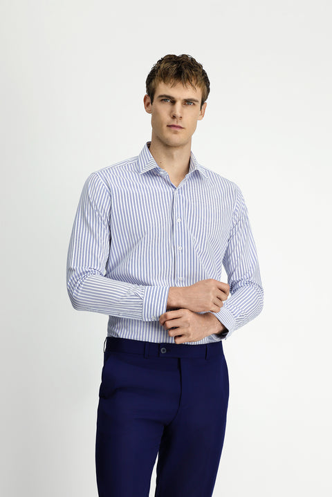 Blue Long Sleeve Classic Slim Fit Narrow Cut Cotton Easy Iron Striped Shirt