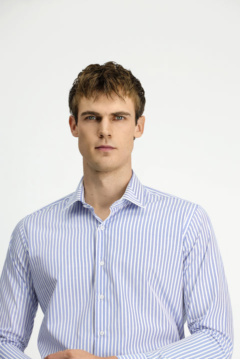 Blue Long Sleeve Classic Slim Fit Narrow Cut Cotton Easy Iron Striped Shirt