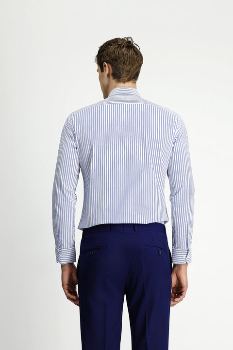 Blue Long Sleeve Classic Slim Fit Narrow Cut Cotton Easy Iron Striped Shirt