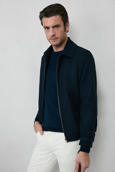 Dark Navy Shirt Collar Wool Zip-Up Bomber Jacket / Coat