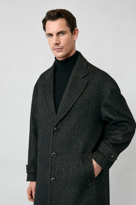 Medium Brown Oversize Extra Relaxed Fit Patterned Wool Coat with Epaulets and Pockets