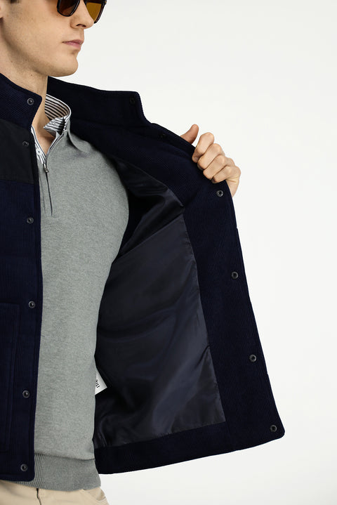 Dark Navy High-Neck Snap Button Velvet Sports Vest