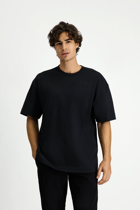 Black Crew Neck Oversize Extra Relaxed Fit Cotton T-Shirt