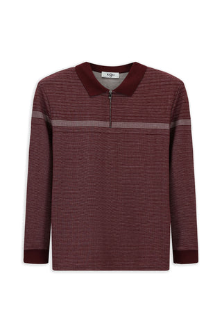 Koyu Bordo Polo Yaka Regular Fit Desenli Fermuarlo Sweatshirt
