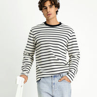 Off-white Crew Neck Regular Fit Striped Sweatshirt