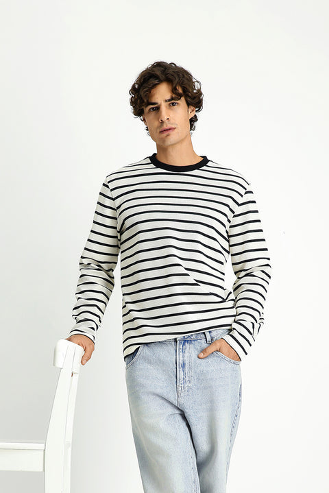 Off-white Crew Neck Regular Fit Striped Sweatshirt