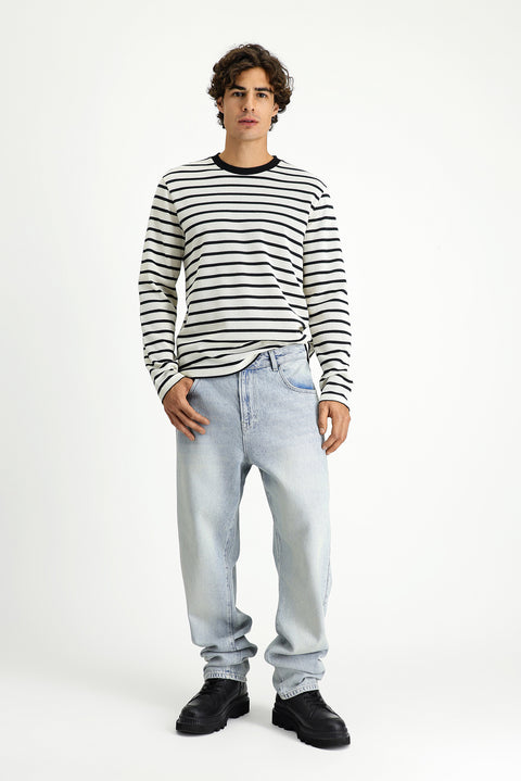 Off-white Crew Neck Regular Fit Striped Sweatshirt