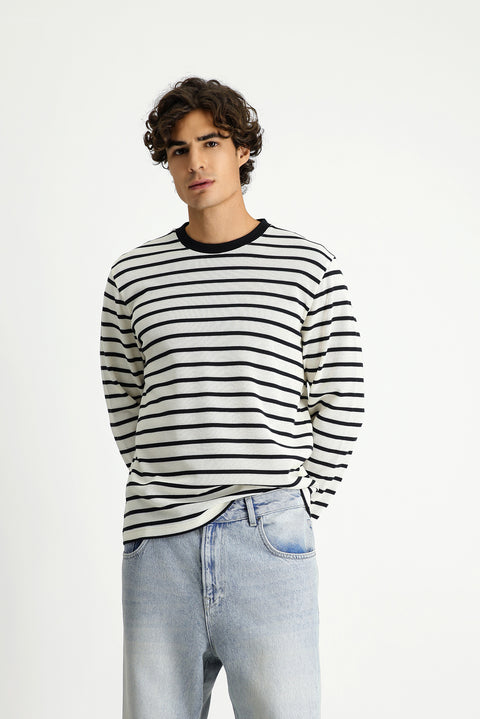 Off-white Crew Neck Regular Fit Striped Sweatshirt