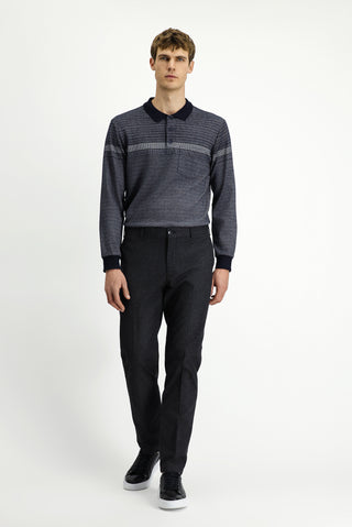 Orta Lacivert Polo Yaka Regular Fit Çizgili Sweatshirt