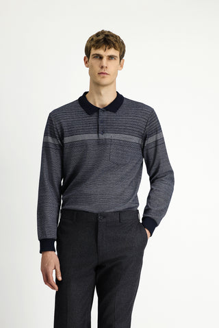 Orta Lacivert Polo Yaka Regular Fit Çizgili Sweatshirt