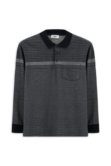 Orta Lacivert Polo Yaka Regular Fit Çizgili Sweatshirt